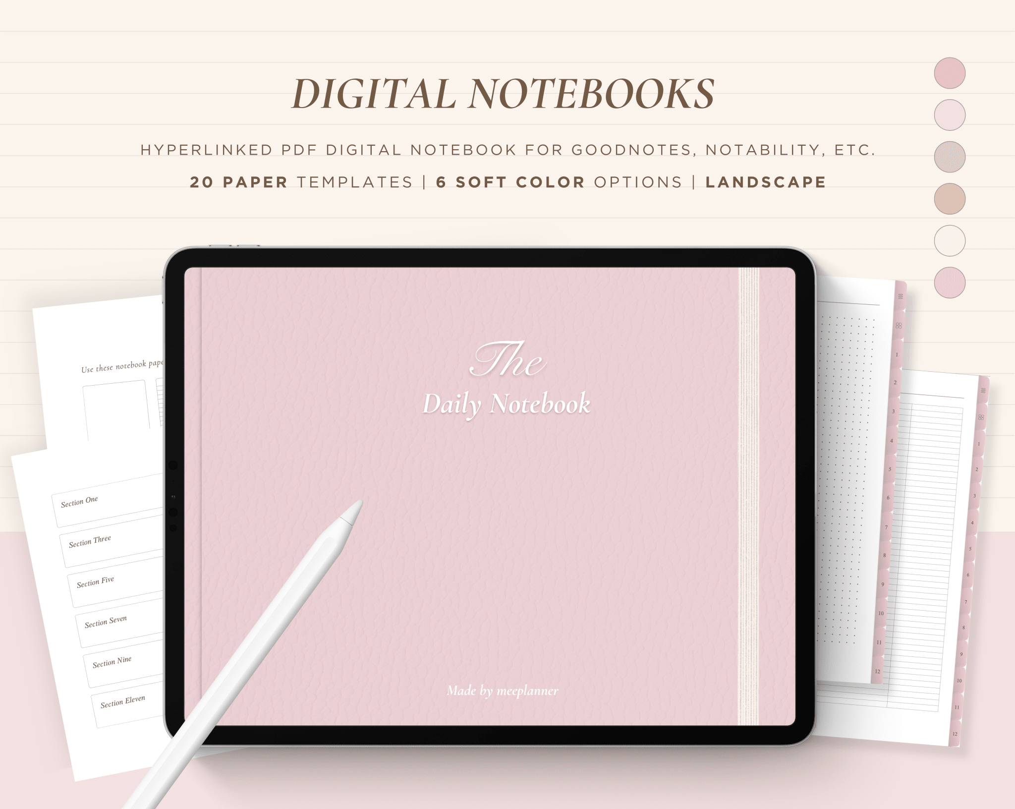 12 Subject Digital Notebooks | Landscape | 6 Soft Colors - Meeplanner